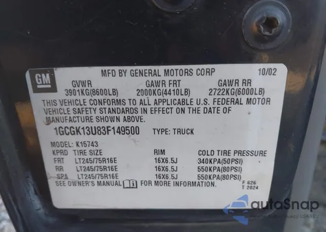 2003 Chevrolet Silverado 1500Hd Lt z USA, uszkodzony, nr VIN 1GCGK13U83F149500